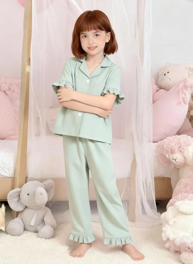 Take Two  Girls Green Ruffle Hem Short Sleeve Shirt And Pyjama Set for Women | Best Price UAE