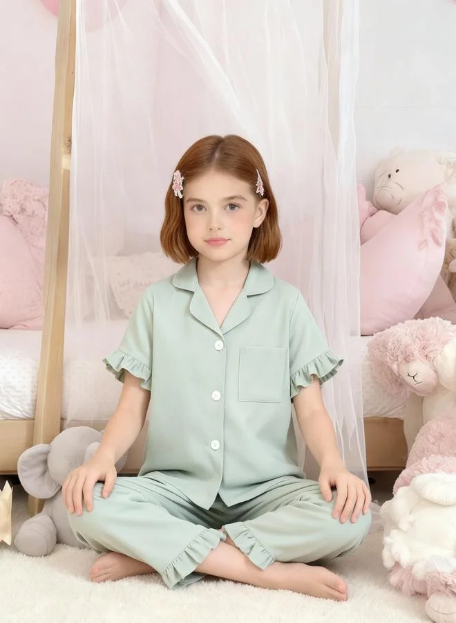 Take Two  Girls Green Ruffle Hem Short Sleeve Shirt And Pyjama Set for Women | Best Price UAE