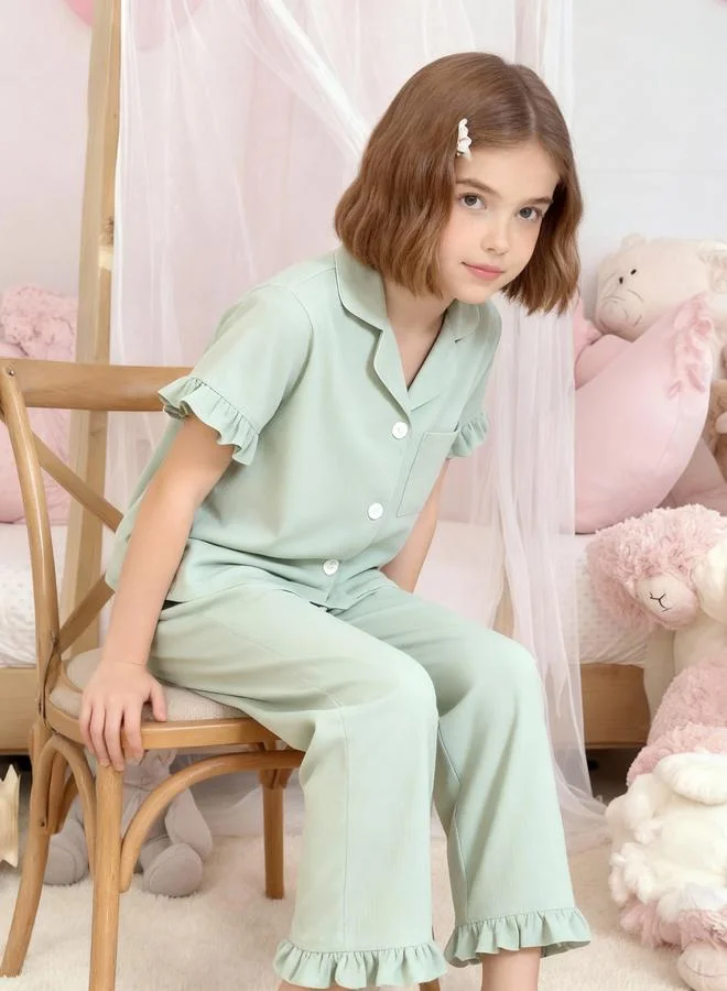 Take Two  Girls Green Ruffle Hem Short Sleeve Shirt And Pyjama Set for Women | Best Price UAE
