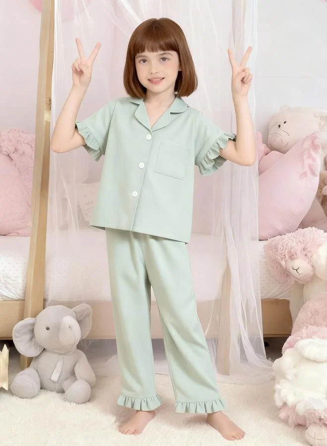 Take Two  Girls Green Ruffle Hem Short Sleeve Shirt And Pyjama Set for Women | Best Price UAE