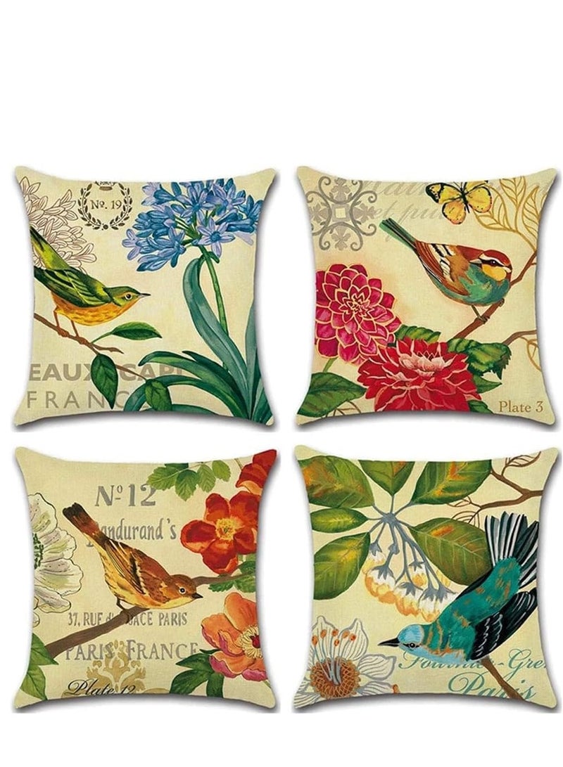 KASTWAVE Set of 4 Linen Throw Pillow Cover 18x18 Inch Spring Vintage Bird and Flower Pattern Decorative Throw Pillow Case Cushion Covers, Multicolor - Image 1