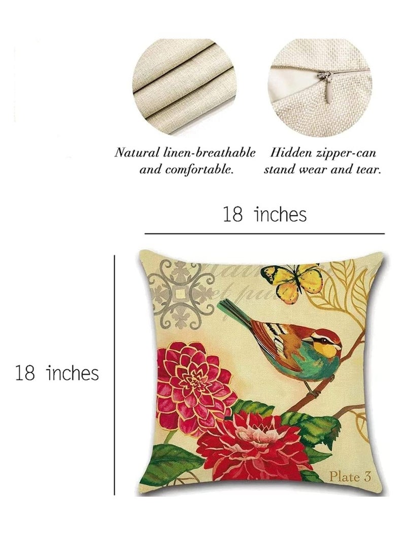 KASTWAVE Set of 4 Linen Throw Pillow Cover 18x18 Inch Spring Vintage Bird and Flower Pattern Decorative Throw Pillow Case Cushion Covers, Multicolor - Image 3