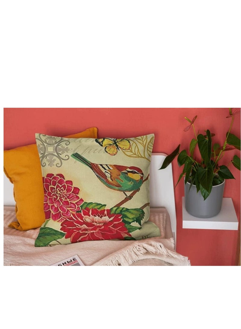 KASTWAVE Set of 4 Linen Throw Pillow Cover 18x18 Inch Spring Vintage Bird and Flower Pattern Decorative Throw Pillow Case Cushion Covers, Multicolor - Image 4
