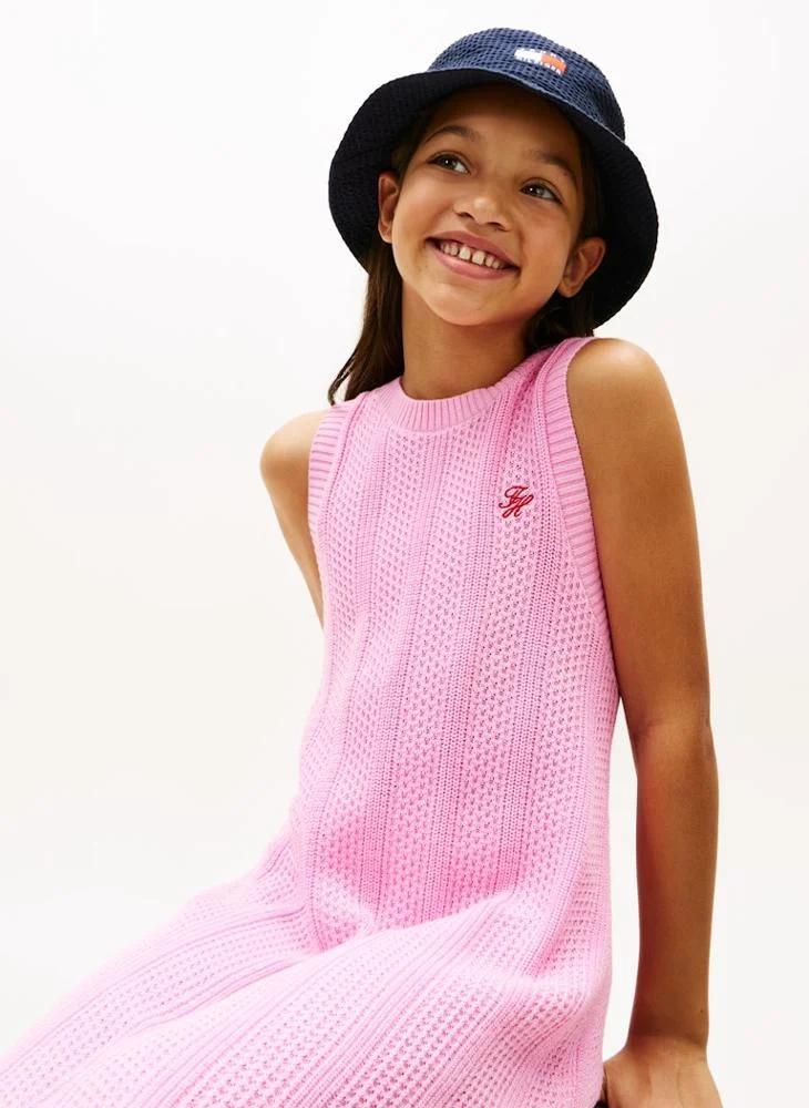 Tommy Hilfiger bright pink Crochet Logo Embroidery Sleeveless Jumper Dress for Women | Best Price UAE