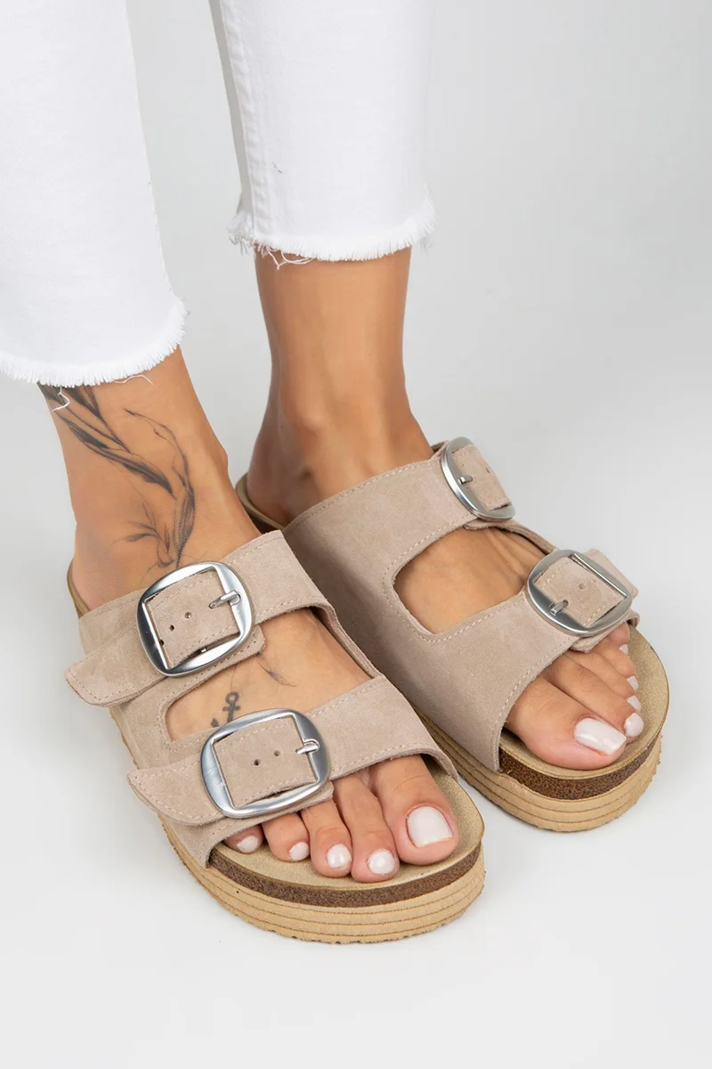 Manijero Manijero Selina Women's Genuine Leather Double Buckle Beige - Silver Slippers