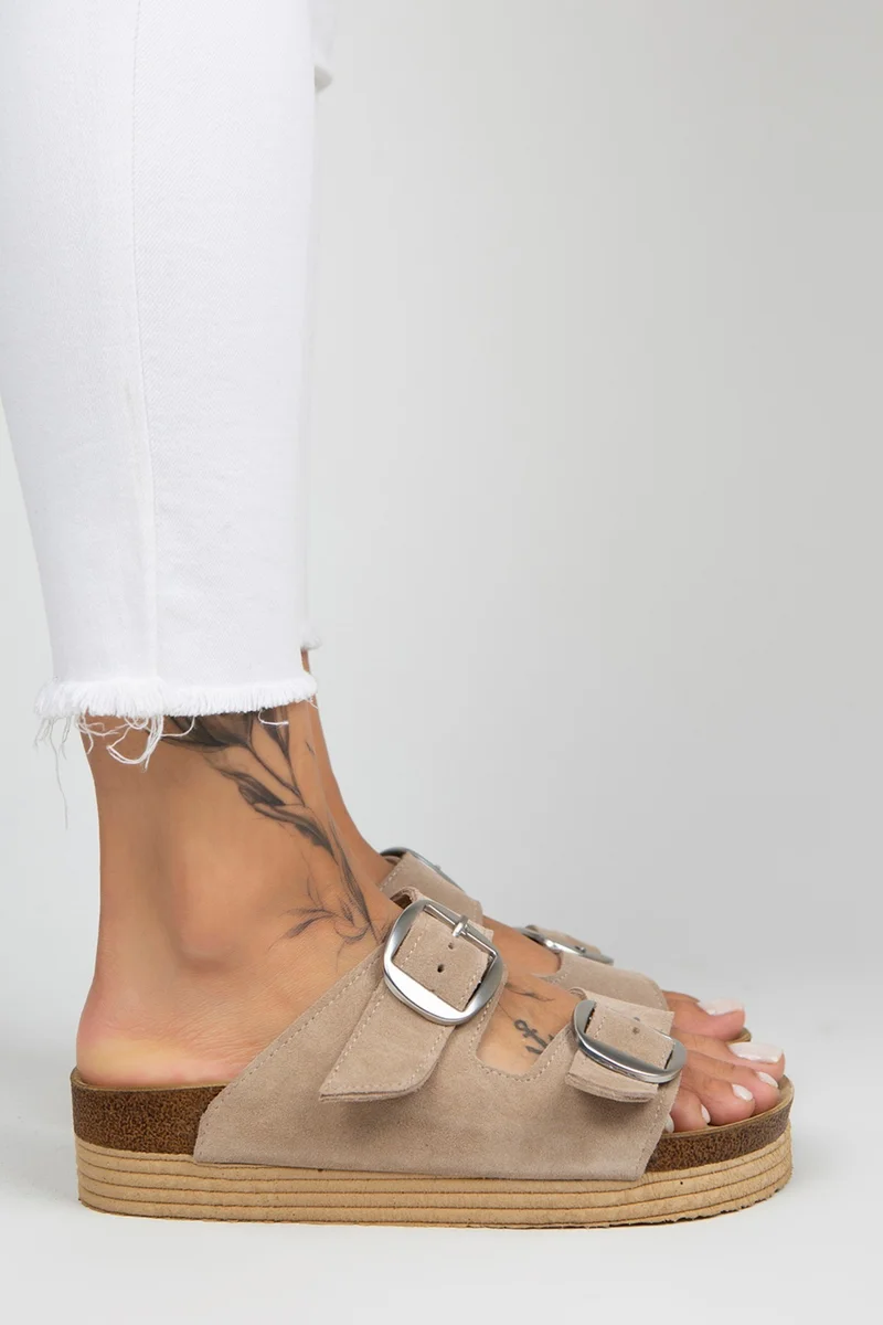 Manijero Manijero Selina Women's Genuine Leather Double Buckle Beige - Silver Slippers