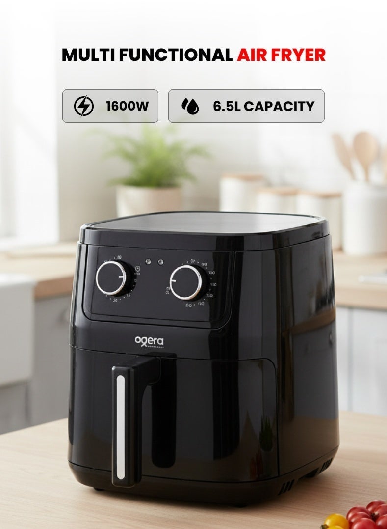 أوجيرا مقلاة هوائية سعة 6.5 لتر - مقلاة هوائية رقمية كبيرة السعة 1600 واط مع وعاء غير لاصق ورف، طهي صحي بدون زيت، وقت قابل للتعديل وتحكم في درجة الحرارة، مؤقت 30 دقيقة، ضمان لمدة عامين - أسود - Image 1