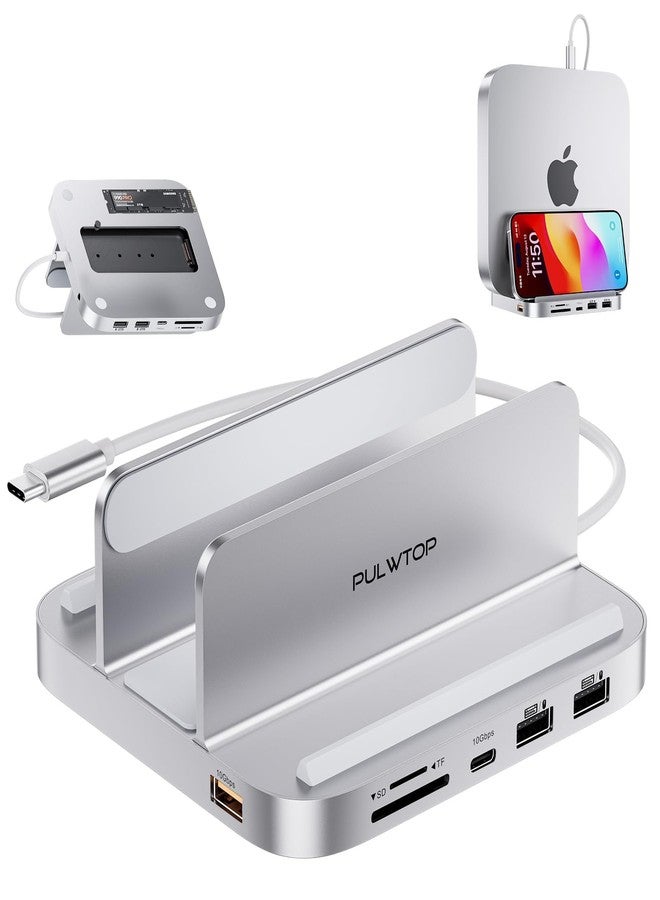 PULWTOP Mac mini Hub M1 M2 with M.2 SSD Enclosure (NOT for M4 2024), 8-in-1 Vertical Mac mini Dock Stand with USB A/C 3.2 10Gbps, 2 x USB A 2.0, SD/TF Slots, 3.5mm Audio Mic Jack - Image 1