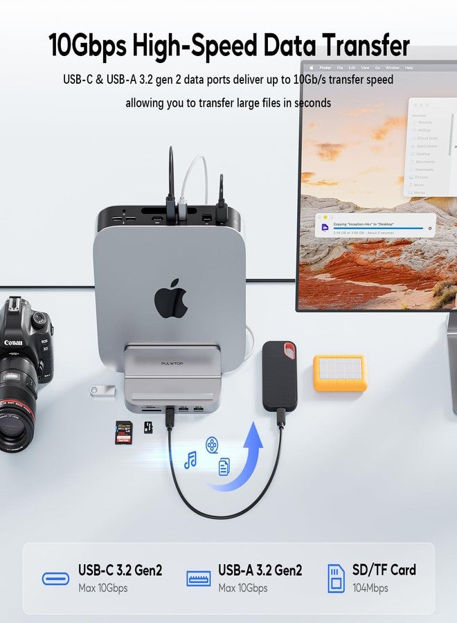 PULWTOP Mac mini Hub M1 M2 with M.2 SSD Enclosure (NOT for M4 2024), 8-in-1 Vertical Mac mini Dock Stand with USB A/C 3.2 10Gbps, 2 x USB A 2.0, SD/TF Slots, 3.5mm Audio Mic Jack - Image 4