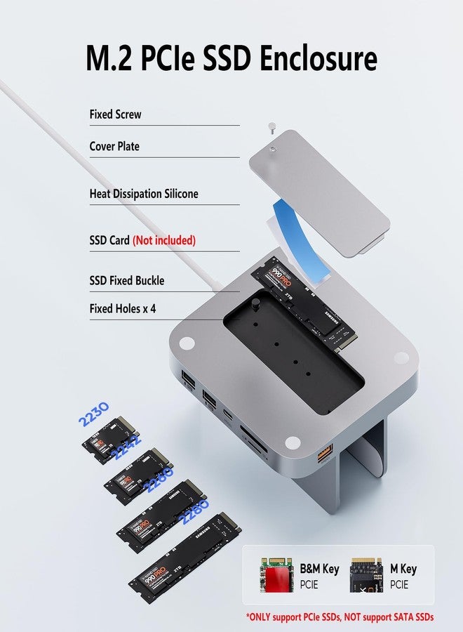 PULWTOP Mac mini Hub M1 M2 with M.2 SSD Enclosure (NOT for M4 2024), 8-in-1 Vertical Mac mini Dock Stand with USB A/C 3.2 10Gbps, 2 x USB A 2.0, SD/TF Slots, 3.5mm Audio Mic Jack - Image 3