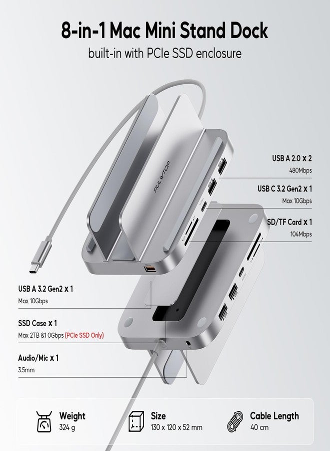 PULWTOP Mac mini Hub M1 M2 with M.2 SSD Enclosure (NOT for M4 2024), 8-in-1 Vertical Mac mini Dock Stand with USB A/C 3.2 10Gbps, 2 x USB A 2.0, SD/TF Slots, 3.5mm Audio Mic Jack - Image 2