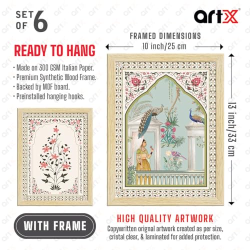 ArtX Paper Indian Rangmala Madhubani Art Paintings with Frame for Home Decor, Wall Painting for Living Room, Multicolor, Natural Wood Color Frames, Set of 6 - Image 3