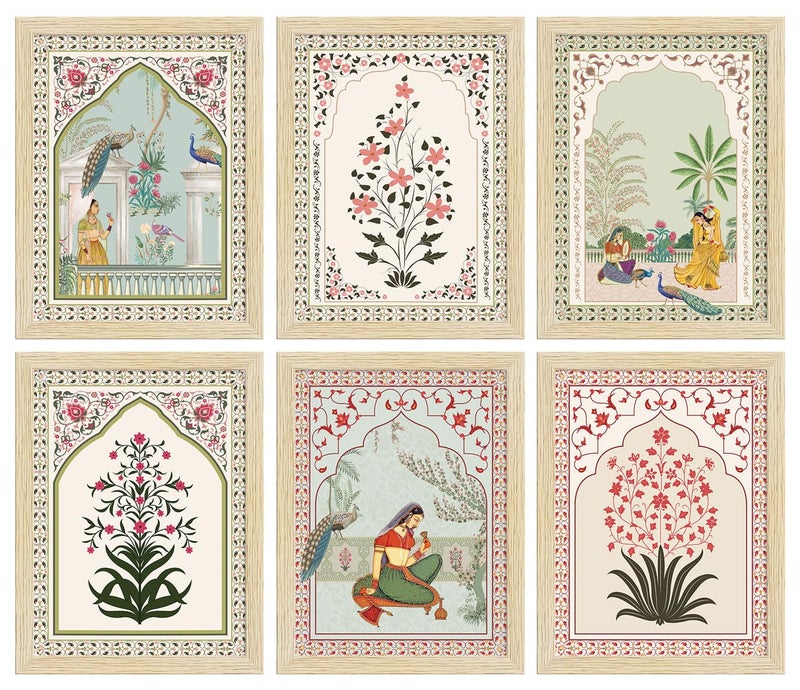 ArtX Paper Indian Rangmala Madhubani Art Paintings with Frame for Home Decor, Wall Painting for Living Room, Multicolor, Natural Wood Color Frames, Set of 6 - Image 1