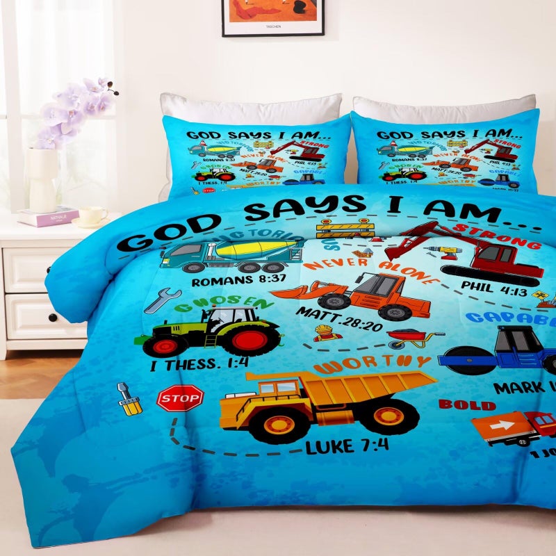 GRAT TIOC Boys Construction Vehicles Truck Comforter Set Twin,Christian Kids God Says I Am Construction Bedding Set,Car Excavator Tractor Bedroom Setï¼ˆ1 Comforter 2 Pillowcaseï¼‰ Blue - Image 2