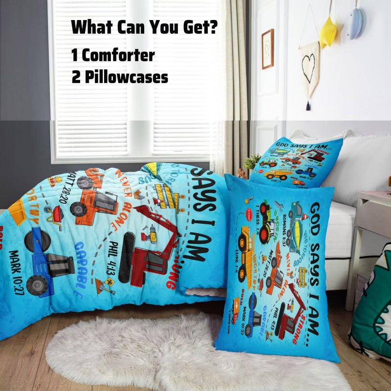 GRAT TIOC Boys Construction Vehicles Truck Comforter Set Twin,Christian Kids God Says I Am Construction Bedding Set,Car Excavator Tractor Bedroom Setï¼ˆ1 Comforter 2 Pillowcaseï¼‰ Blue - Image 3