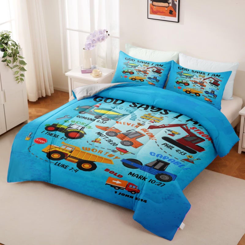 GRAT TIOC Boys Construction Vehicles Truck Comforter Set Twin,Christian Kids God Says I Am Construction Bedding Set,Car Excavator Tractor Bedroom Setï¼ˆ1 Comforter 2 Pillowcaseï¼‰ Blue - Image 5