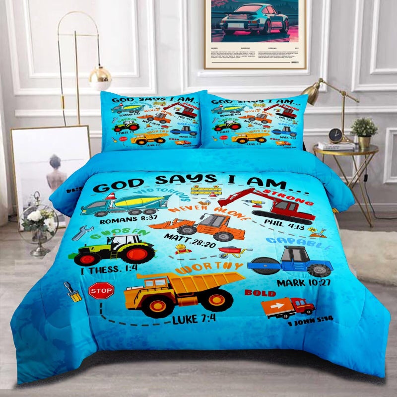 GRAT TIOC Boys Construction Vehicles Truck Comforter Set Twin,Christian Kids God Says I Am Construction Bedding Set,Car Excavator Tractor Bedroom Setï¼ˆ1 Comforter 2 Pillowcaseï¼‰ Blue - Image 1