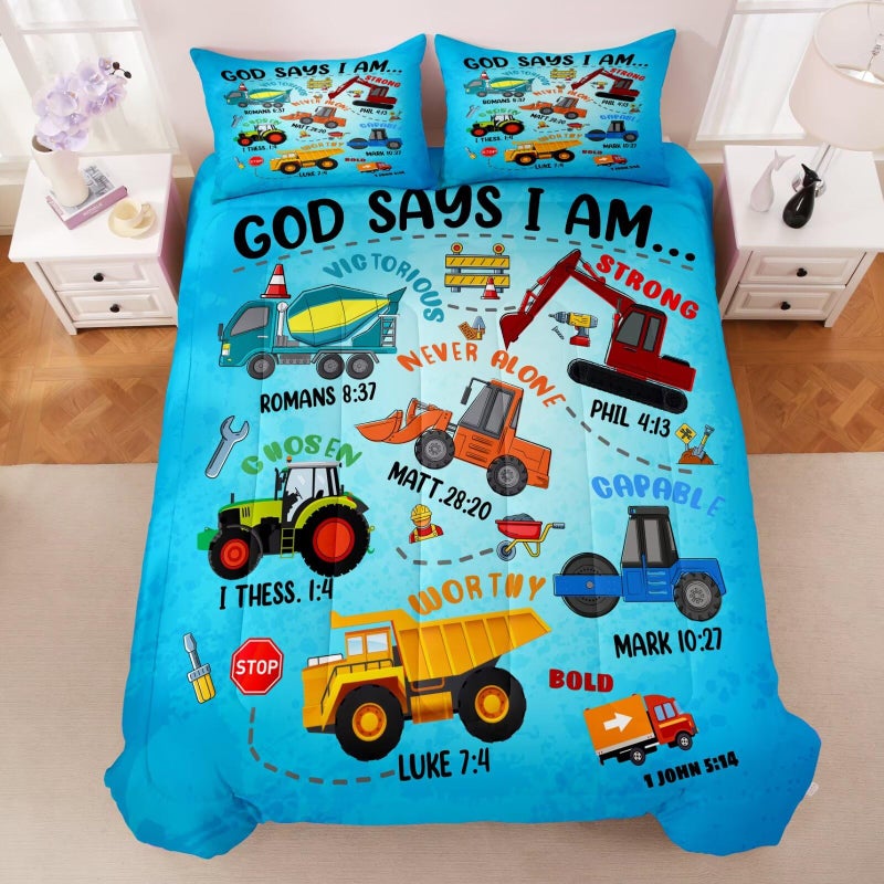 GRAT TIOC Boys Construction Vehicles Truck Comforter Set Twin,Christian Kids God Says I Am Construction Bedding Set,Car Excavator Tractor Bedroom Setï¼ˆ1 Comforter 2 Pillowcaseï¼‰ Blue - Image 4