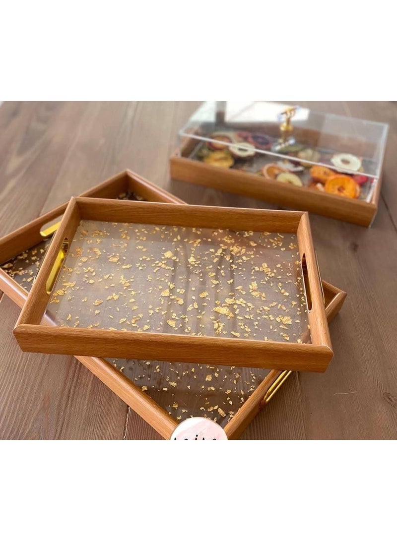 طقم من 2 صواني خشب اكريلك مدهب  لتقديم الشاي والقهوة والفواكه الطازجة والمكسرات والحلويات - Image 4