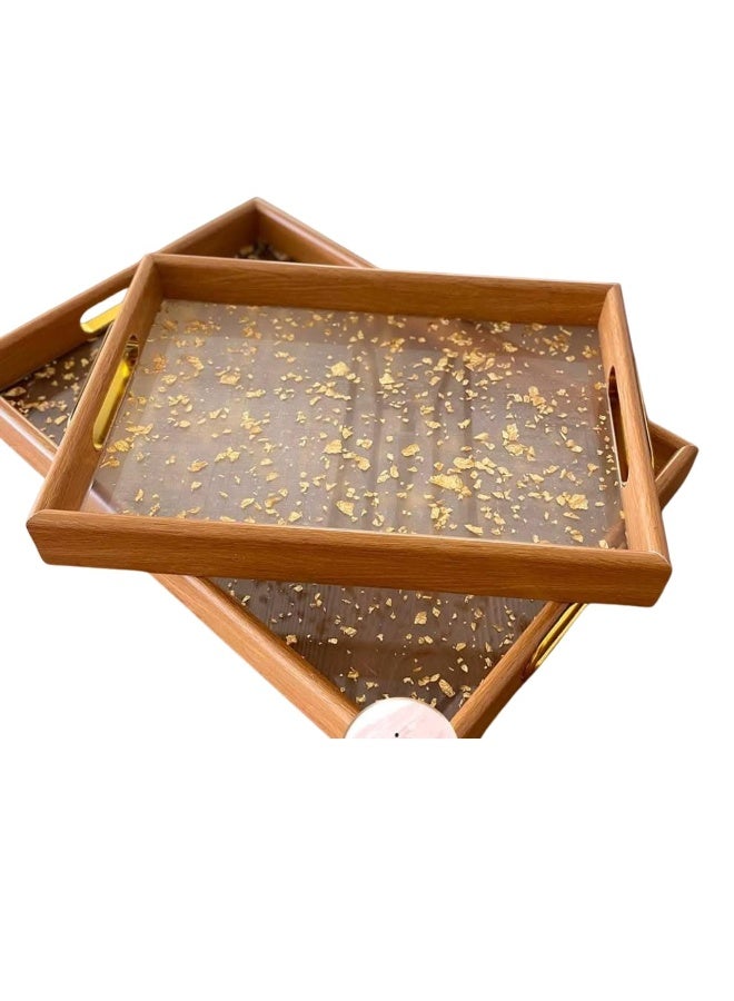 طقم من 2 صواني خشب اكريلك مدهب  لتقديم الشاي والقهوة والفواكه الطازجة والمكسرات والحلويات - Image 1