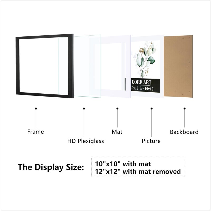 CORE ART 12x12 Picture Frame Set of 4, Display Pictures 10x10 with Mat or 12 x 12 without Mat, Multi Photo Frames Collage for Wall or Tabletop Display, Black - Image 2