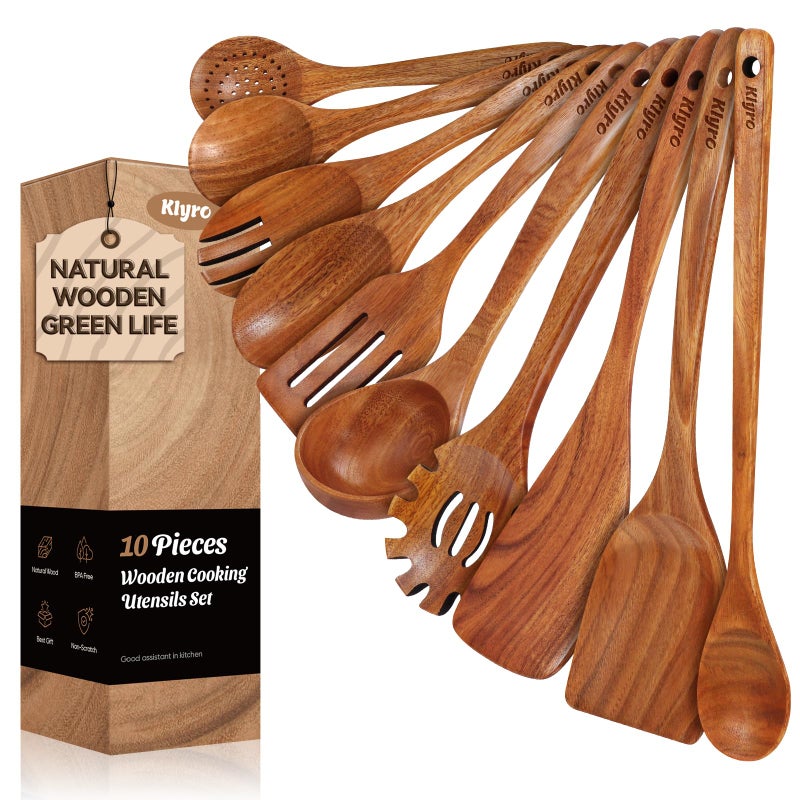 KLYRO Teak Wooden Cooking Utensils Set 10 Piece Premium Kitchen Cookware NonScratch Wooden Spoons for Cooking Perfect for Cooking and Serving