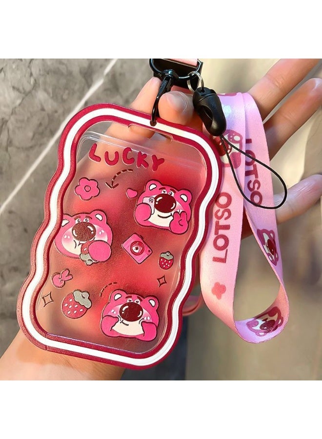 NIBEMINENT 1 - Piece Strawberry Bear Kpop Photo Card Holder Pendant Key Chain ID Badge Holder ID Card Holder Photo Card Protector for School ID Office ID Access Card for Women Girls