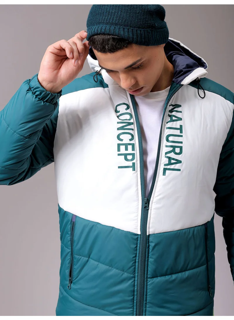 The Indian Garage Co Mens Emerald Green Slim Fit Cut & Sew Hooded Zipper Placket Side Pocket Winter Jacket