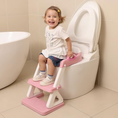 Wiifo Potty Training Toilet Seat with Step Stool Ladder for Boys and Girls, 2 in 1 Potty Training Toilet, Splash Guard Anti-Slip Pad Step Stool （Pink) Pedal Upgrade - Image 1