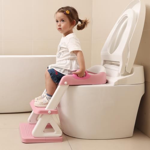 Wiifo Potty Training Toilet Seat with Step Stool Ladder for Boys and Girls, 2 in 1 Potty Training Toilet, Splash Guard Anti-Slip Pad Step Stool （Pink) Pedal Upgrade - Image 2