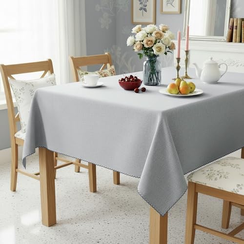 RUSTIQUE LINENS: Embroidered Edge Trim Tablecloth - Water & Stain Repellent (100% Cotton) 4-8 Seater - 10 Colors - Cool Grey (230 CM X 150 CM) - Image 2