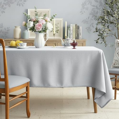 RUSTIQUE LINENS: Embroidered Edge Trim Tablecloth - Water & Stain Repellent (100% Cotton) 4-8 Seater - 10 Colors - Cool Grey (230 CM X 150 CM) - Image 1