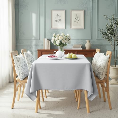 RUSTIQUE LINENS: Embroidered Edge Trim Tablecloth - Water & Stain Repellent (100% Cotton) 4-8 Seater - 10 Colors - Cool Grey (230 CM X 150 CM) - Image 3