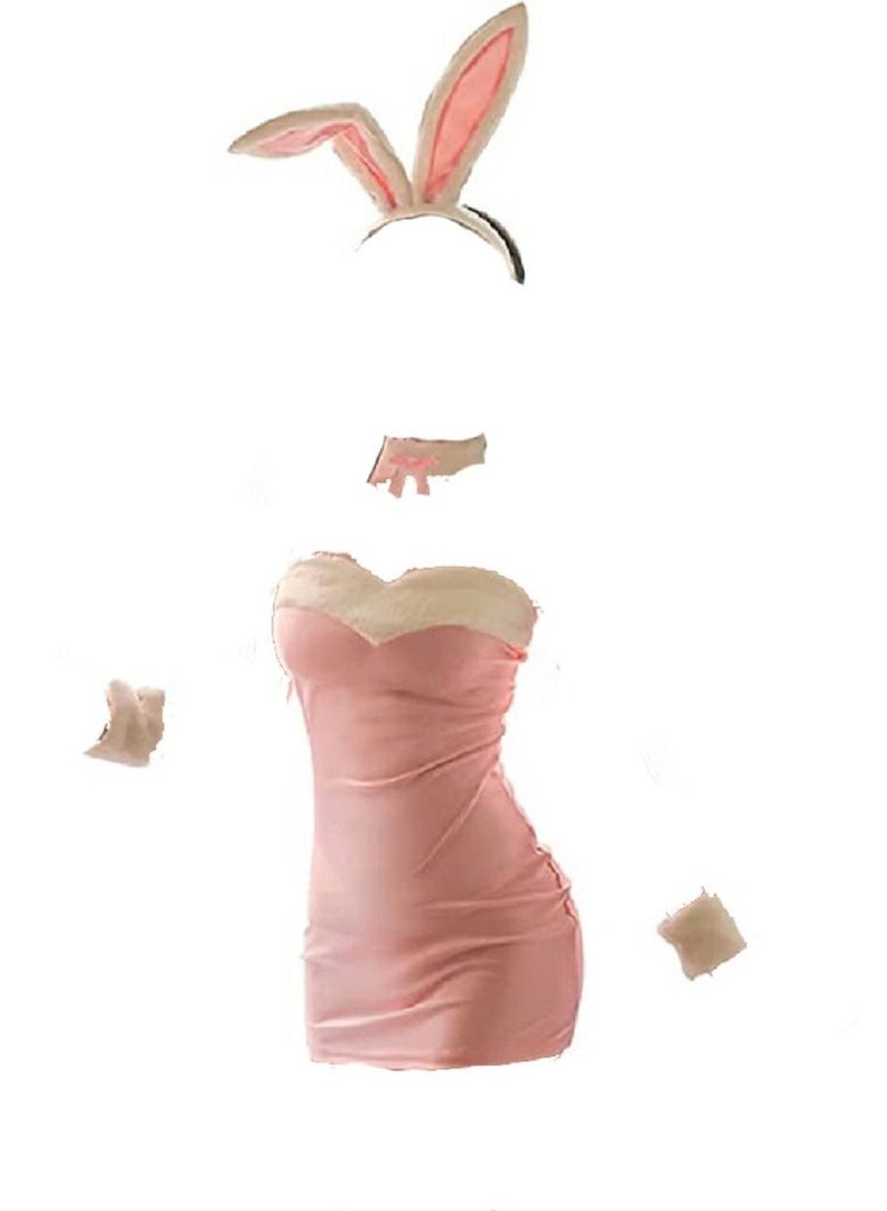 Women Cute Bunny Costume Dress With Rabbit Ear Headband Collar Bow And panty 