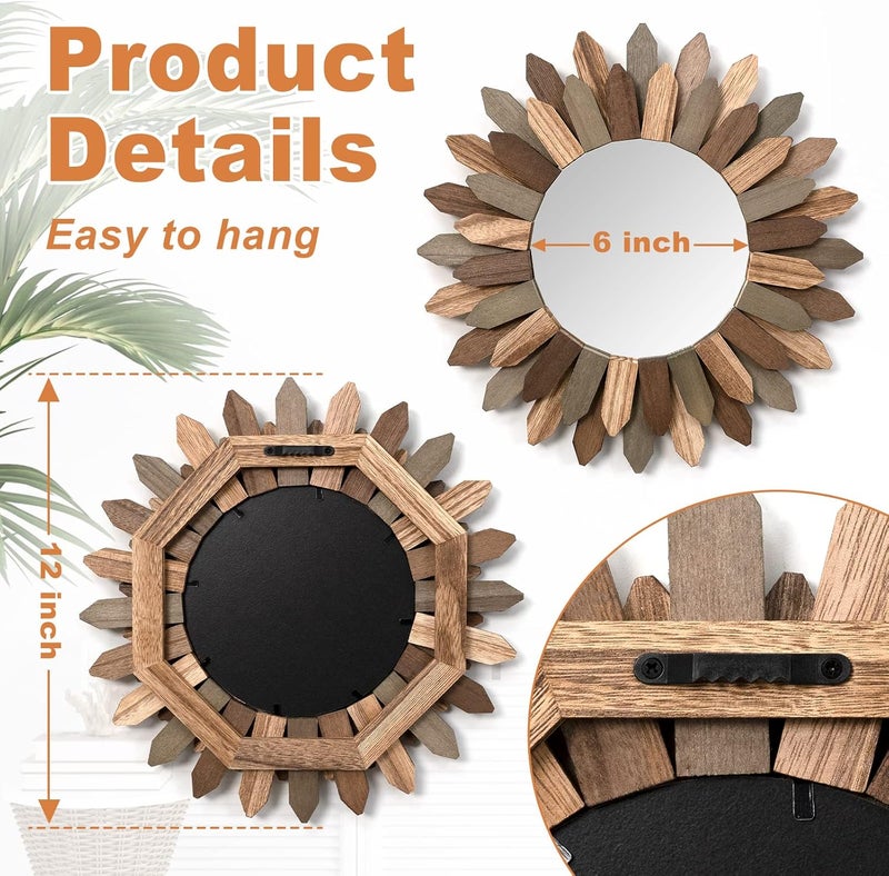 Emfogo Wall Mirror 12 inch Rustic Wood Sunburst Boho Mirror Farmhouse Wall Decor Room Decor Home Decor for Bedroom Living Room Entryway (Tri-color) - Image 4