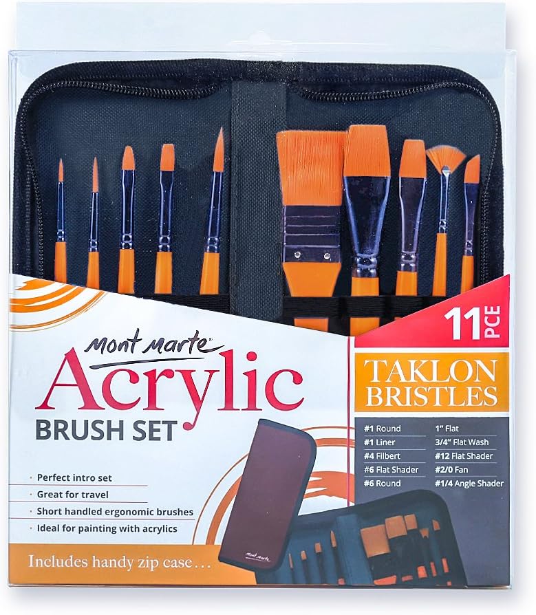 Mont Marte Acrylic Brush Set - 11 Piece Professional Taklon Brushes for Painting - Image 4
