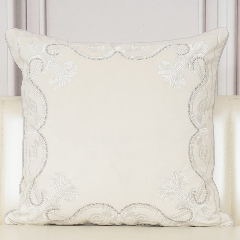 Aeckself European Floral Pillow Cover 18x18 Inch Luxury Velvet Embroidered Decorative Throw Pillow Cover for Couch Bedroom Living Room White Silver