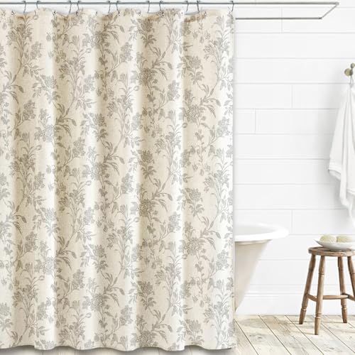 WOUVMA Vintage Farmhouse Shower Curtain for Bathroom Grey Shower Curtain Floral Cotton Linen 72" W x 72" L - Image 2
