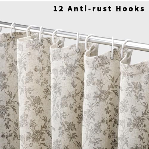 WOUVMA Vintage Farmhouse Shower Curtain for Bathroom Grey Shower Curtain Floral Cotton Linen 72" W x 72" L - Image 3