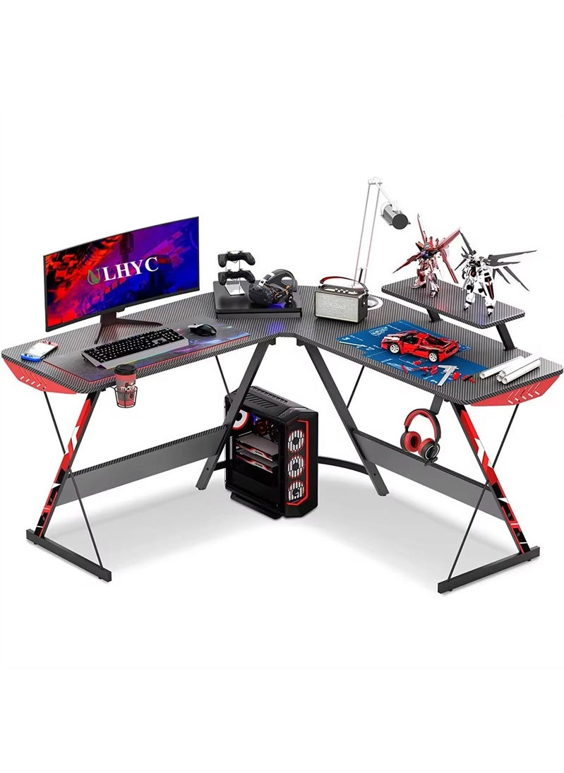 L-Shaped Gaming Desk , L-Shaped Desk Carbon Fiber Computer Corner Desk With Large Monitor Riser Stand, Suitable For Home Office, Space Saving Easy To Assemble 130X50X75 Cm 