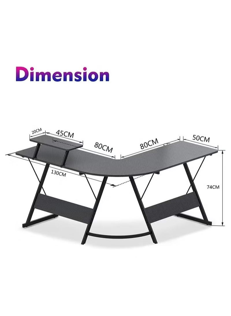 ULHYC - L-Shaped Gaming Desk , L-Shaped Desk Carbon Fiber Computer Corner Desk With Large Monitor Riser Stand, Suitable For Home Office, Space Saving Easy To Assemble 130X50X75 Cm - Image 1