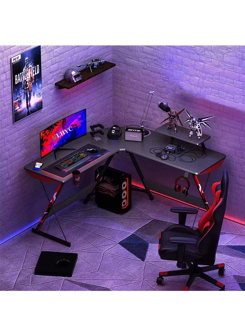 ULHYC - L-Shaped Gaming Desk , L-Shaped Desk Carbon Fiber Computer Corner Desk With Large Monitor Riser Stand, Suitable For Home Office, Space Saving Easy To Assemble 130X50X75 Cm - Image 1