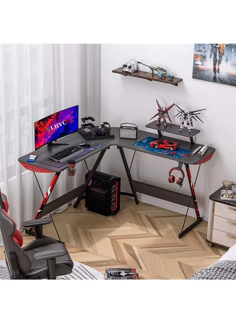 ULHYC - L-Shaped Gaming Desk , L-Shaped Desk Carbon Fiber Computer Corner Desk With Large Monitor Riser Stand, Suitable For Home Office, Space Saving Easy To Assemble 130X50X75 Cm - Image 1