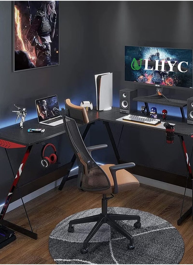 ULHYC - L-Shaped Gaming Desk , L-Shaped Desk Carbon Fiber Computer Corner Desk With Large Monitor Riser Stand, Suitable For Home Office, Space Saving Easy To Assemble 130X50X75 Cm - Image 1