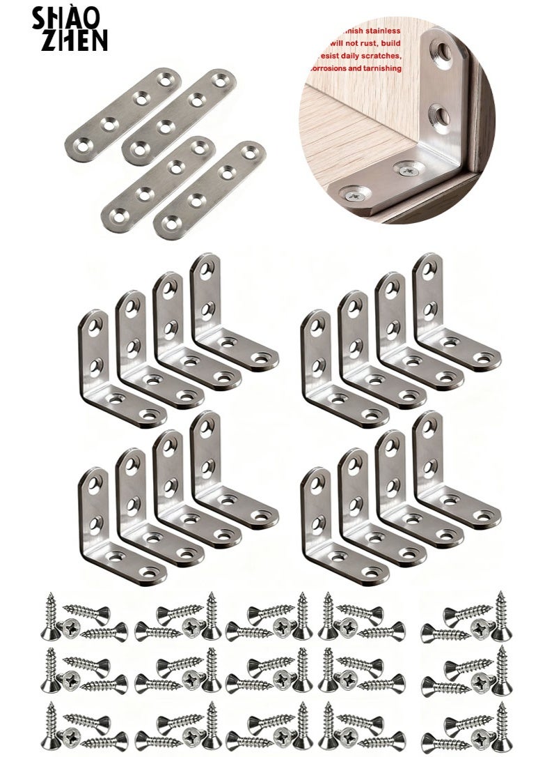 SHAOZHEN 20 Pcs Stainless Steel Corner Braces, 16 Pcs 40 x 40mm 90 Degree Right Angle L-Shaped Bracket Joint and 4 Pcs Plat Straight Braces Fastener for Wood Shelf Cabinet Chair Table, with 80 Screws - Image 1