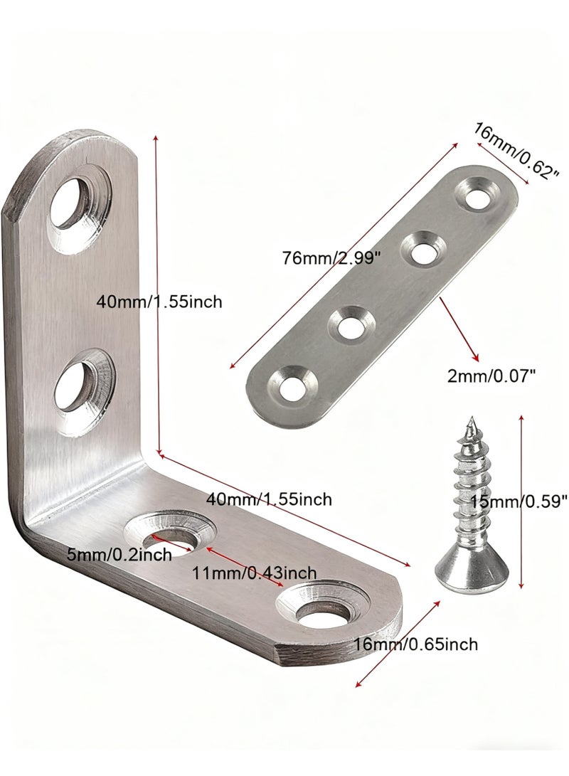 SHAOZHEN 20 Pcs Stainless Steel Corner Braces, 16 Pcs 40 x 40mm 90 Degree Right Angle L-Shaped Bracket Joint and 4 Pcs Plat Straight Braces Fastener for Wood Shelf Cabinet Chair Table, with 80 Screws - Image 4