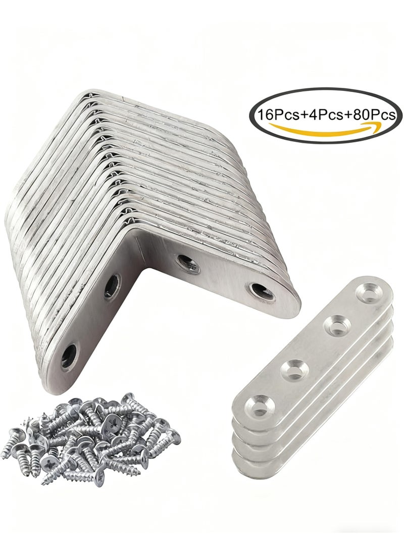 SHAOZHEN 20 Pcs Stainless Steel Corner Braces, 16 Pcs 40 x 40mm 90 Degree Right Angle L-Shaped Bracket Joint and 4 Pcs Plat Straight Braces Fastener for Wood Shelf Cabinet Chair Table, with 80 Screws - Image 2