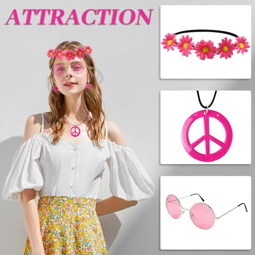IncreDecor Hippie Costume Set Includes Peace Sign Necklace and Earring, Flower Crown Headband and Sunglasses 60s 70s Party Accessories (Sweet Girl) - Image 2