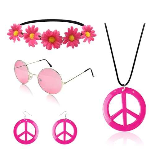 IncreDecor Hippie Costume Set Includes Peace Sign Necklace and Earring, Flower Crown Headband and Sunglasses 60s 70s Party Accessories (Sweet Girl) - Image 1