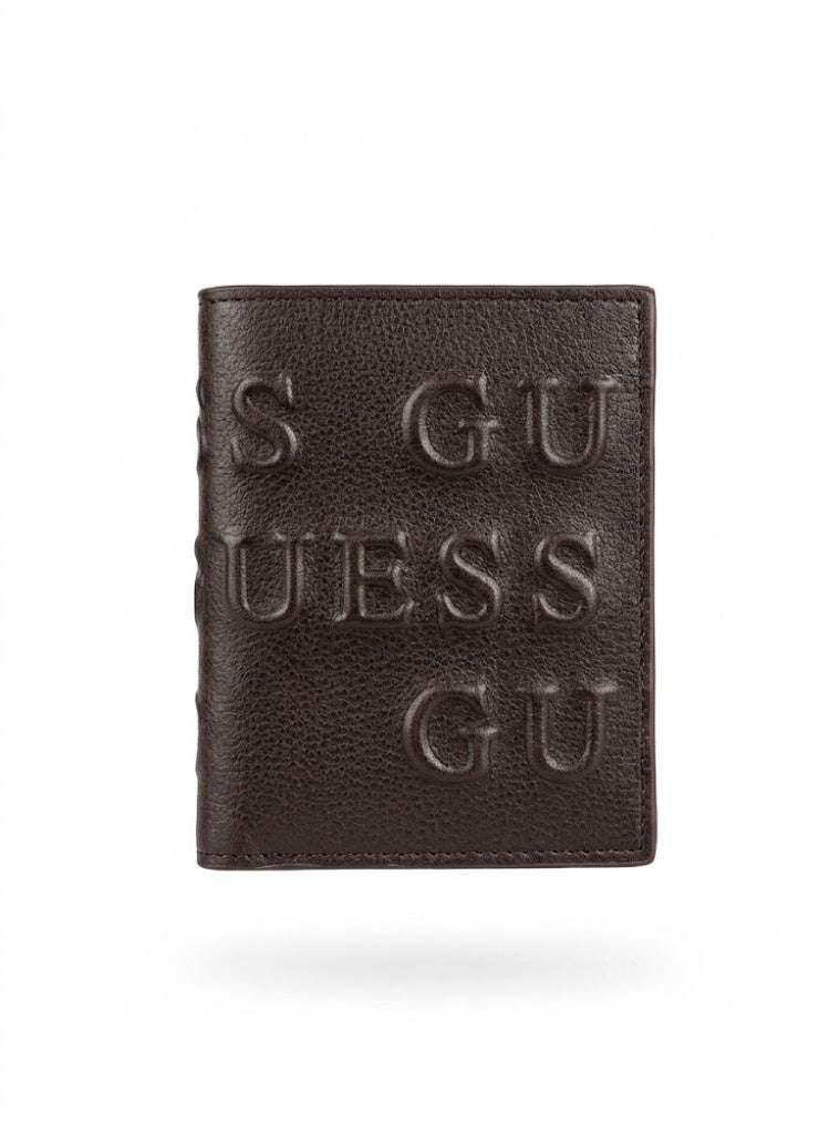 GUESS Men's Vertical Bifold Wallet - All-Over Embossed Typographic Logo - Dark Brown